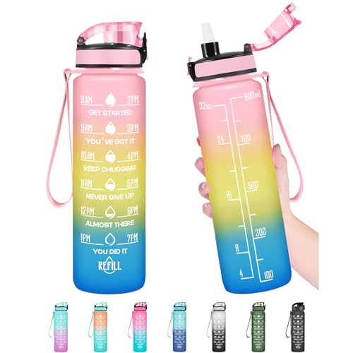 Enerbone Botella de agua de 32 onzas, a prueba de fugas, sin BPA y sin tóxicos, botella de agua motivacional con tiempos para beber y popote, botella de agua deportiva de fitness con correa para