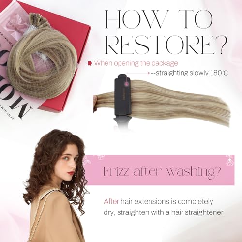 Image of Moresoo K Tip Hair Extensions Real Human Hair, Beige Brown Blonde, 20 Inch | 50g 50 Strands, Keratin Bonded Tips, Long Straight Hair, Blonde Highlight Blend, Professional Installation