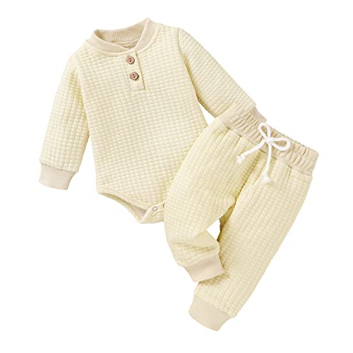 Younger Tree Newborn Baby Boy Girl Clothes Long Sleeve Romper Top Pant Set Solid Bodysuit Infant Baby Fall Winter Outfits 0-24M (Beige, 3-6 Months) #TOP26