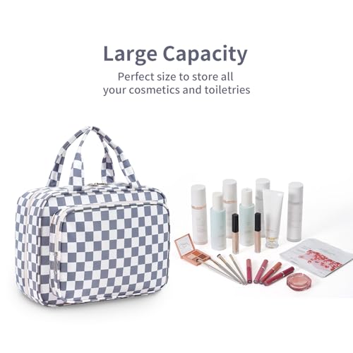 Image of Narwey Large Hanging Toiletry Bag Travel Makeup Bag Cosmetic Organizer for Women and Girls, Z-Grayish Blue Checkerboard, Medium