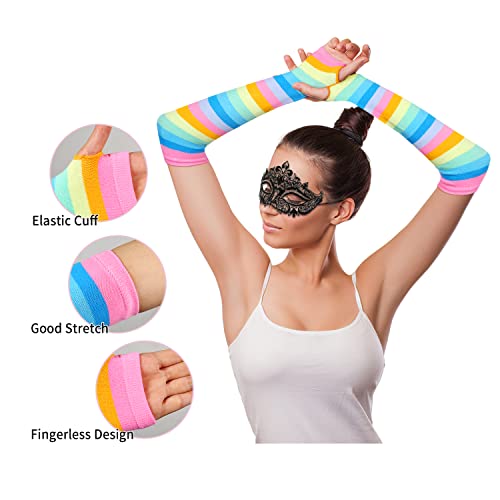 Benefeet Sox Womens Rainbow Striped Knee High Thigh High Socks Arm Warmers Set Fingerless Gloves Halloween Costume4