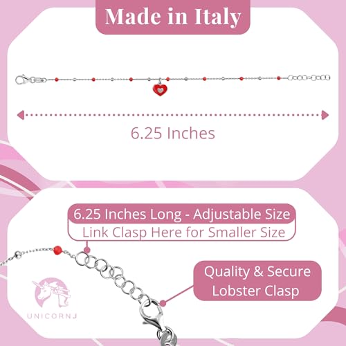 Image of UNICORNJ Sterling Silver Kids Bracelet for Girls Heart Butterfly Charm Enamel Hand Painted | Made in Italy | Bead Chain 6.25 inch
