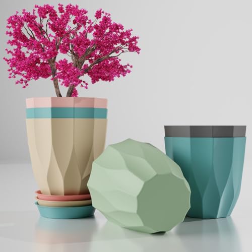 Image of Leafly Set of 5 Multicolor Round Flower Plant Pots (6.3 Inch) with Drainage Tray | Durable Lightweight Planters for Home, Office, Terrace, Balcony & Indoor /Outdoor Gardening (Arrow Flower Pot)