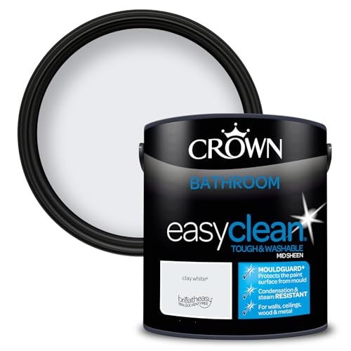 2.5L CROWN Easyclean Bathroom MID-SHEEN Emulsion Multi Surface Paint With MOULDGUARD+ That can be Used on Walls, Ceilings, Wood and Metal. Stain & Scrub Resistant Formula – Clay White