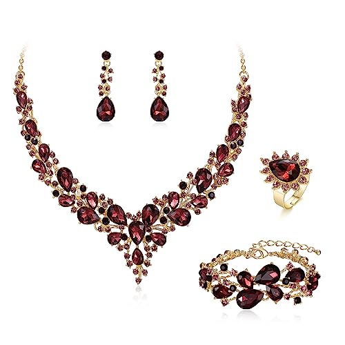 BriLove Wedding Crystal Teardrop Cluster Necklace Earrings Bracelet Adjustable Ring 4Pcs Jewelry Set for Women Bride Party Costume Accessories Deep Amethyst Color