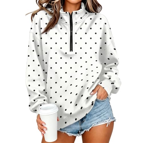 Women's Sweatshirt Polka Dot Half Zip Mock Neck Fleece Oversized Clothing | Retro Print, Ribbed Cuffs and Hem, Stand Collar, Drop Shoulder, Running Walking, Casual Sporty, Winter Fall Warm, Womens Top - image 5
