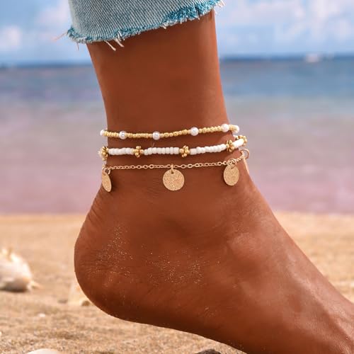 Shell Ankle Bracelet Set for Women, Gold Boho Bead Adjustable Anklet, Hawaiian Beach Seashell Pearl Heart Starfish Conch Foot Jewelry Gifts2