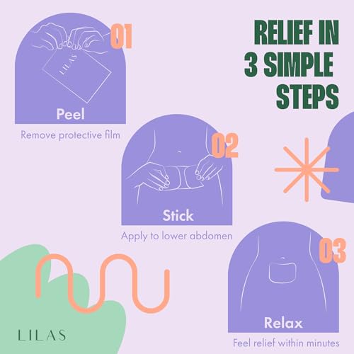 lilas period cramps pain relief patch 10 pack  instant relief for menstrual cramp pms endometriosis amp pcos  12-hour comfort  natural amp vegan topical patches  trusted formula amp upgraded design