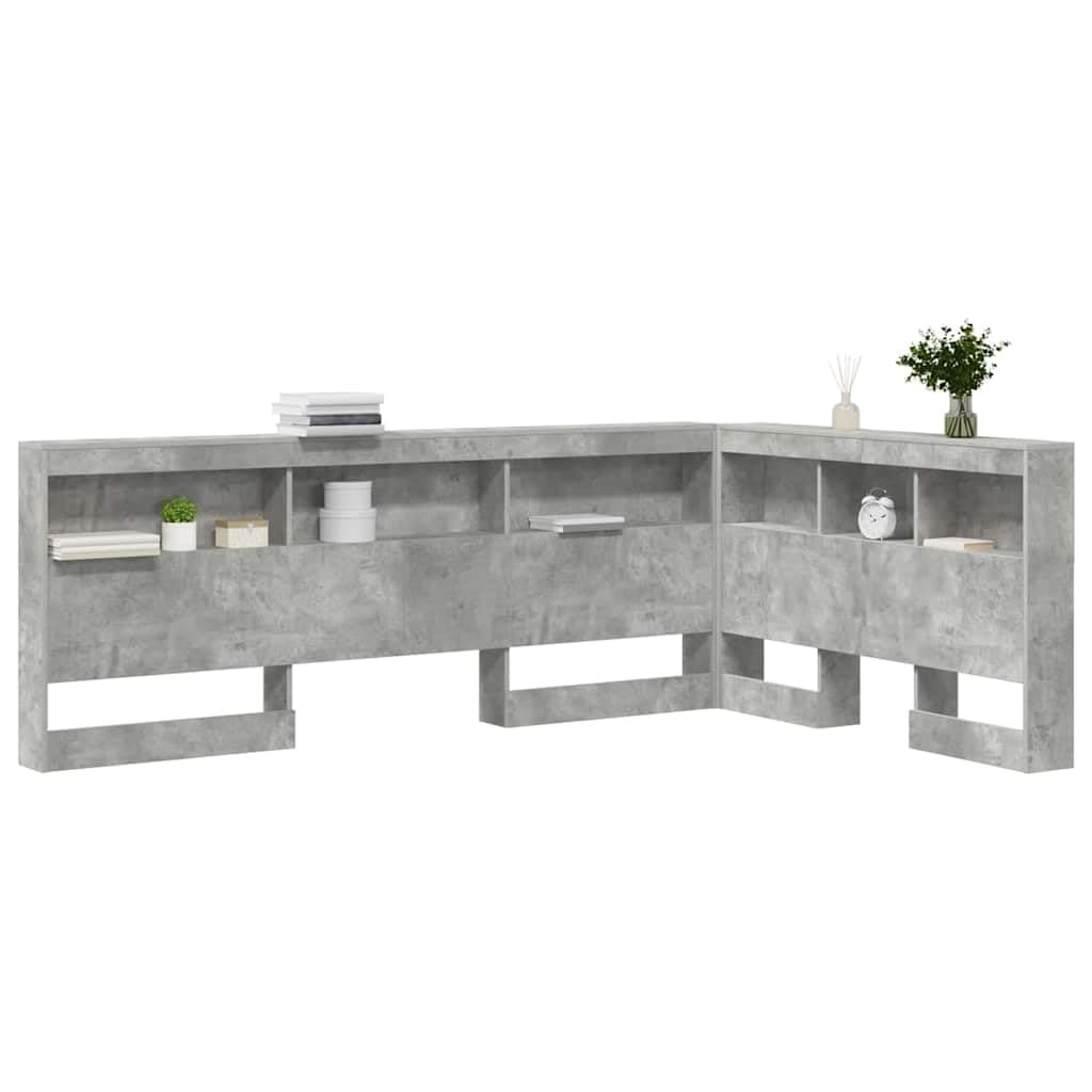 Zagłówek do przechowywania, betonowy, szary, z materiału drewnopochodnego ze stalową ramą 207,5 x 137,5 x 76,5 cm, do sypialni, miejsce do przechowywania i zintegrowana stacja ładująca