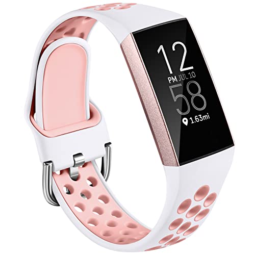 Keponew Compatible with Fitbit Bands Charge 4/Charge 3, Waterproof Breathable Strap for Fitbit Charge 3 Bands, Sport Silicone Bracelet for Fitbit Charge 4 Bands Men Women, Small, White/Pink