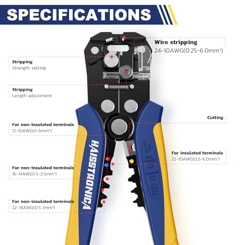 haisstronica Self-Adjusting Wire Stripper, 3 in 1 Stripper/Cutter/Crimping Heavy Duty Automatic Electrical Wire Strippers for 10-24 AWG
