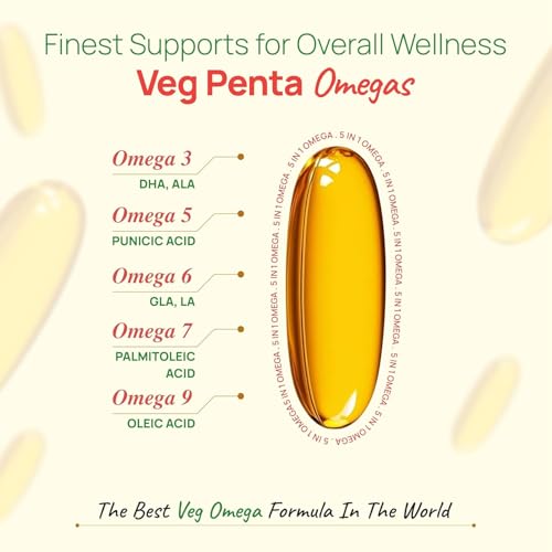 Image of Bliss Welness Veg Omega 3 5 6 7 9 Supplement | Plant Based Algal (DHA), Flaxseed Oil (ALA), Pomegranate Seed, Sea Buckthorn, Borage (GLA), Rosemary Extract, Sunflower Extract & No Fish Oil | Supports Heart, Hair, Skin & Joint Health | 60 Vegan Softgel Capsules Pack of 3