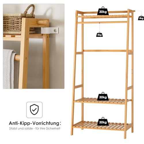 FOREHILL Kleiderständer mit Ablagen Garderobenständer Bambus Kleiderstange mit Anti-Kipp-Vorrichtung für Kleidung Schuhregal Taschen 164x70x42cm