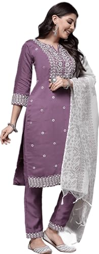 MF MITTAL FASHION Womens Embroidered Chanderi Silk Kurta With Trousers & Dupatta (Xl, Purple)