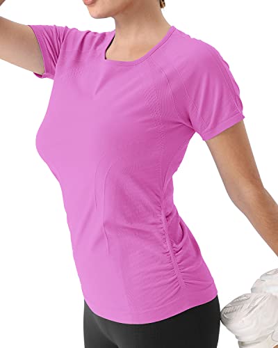 Running Girl Seamless Workout Shirts For Women，Short Sleeve T-Shirt Stretch Tees Quick Dry Gym Athletic Tops(2853_Pink_M) #TOP2