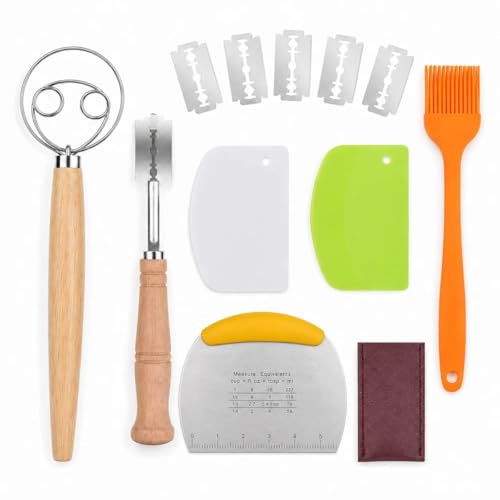 6 Pièces Kit Pain - Couteau de Boulanger avec 5 Lames de Remplacement, Batteur à Pâte Danois, Pinceau à Pâtisserie, 2 Grattoir à Pâte en Plastique & 1 Grattoir à Pâte avec Graduation - Accessoires