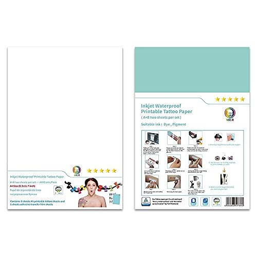 MR.R Papel de transferencia de agua imprimible por inyección de tinta para tatuajes corporales temporales, adhesivos de película de uñas (juegos A4X5) (A + B)