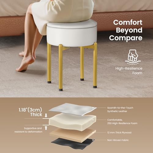 Memobarco 18-Inch Leather Vanity Stool Chair with Storage, Vanity Bench with 4 Golden Metal Legs & Anti-Slip Adjustable Feet,Round Storage Ottoman Stool with Removable Soft Padded Seat, White by Memobarco - Used condition - Image 5