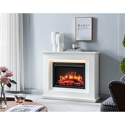 Camino Elettrico Juskys - 1000/2000 W, Effetto Fiamma LED, Telecomando, Timer - Bianco, Per Interni Moderni
