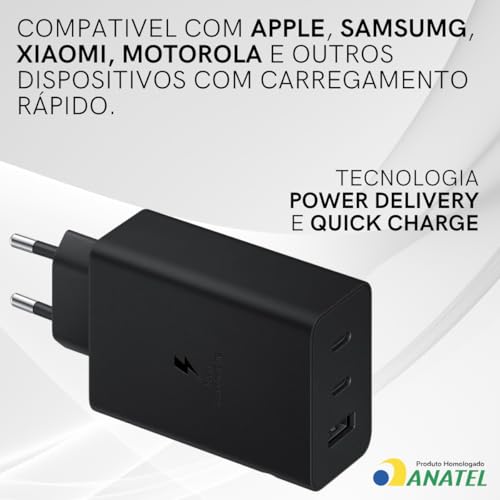 Carregador Super Turbo 65W Multiportas: Tipo-C 65W + Tipo-C 30W + USB-A 30W. Compatível com iPhones,