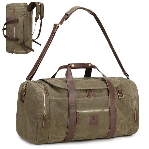 Densata 60L Duffle Bag for Men, Nomad Waxed Canvas Travel Duffel Bag Vintage Genuine Leather Travel Handbag Upgraded Weekender Overnight Backpack with