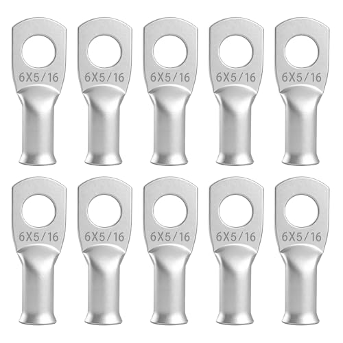 Image of Heschen 10Pcs 6x5/16 Wire Lugs, Tinned Copper Ring Terminals, 6 AWG (16mm²), 5/16" (M8) Bolt Hole Battery Cable Ends, for Marine, Solar, MCCB