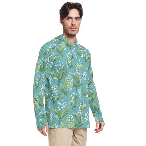 Cartoon Lily Turquoise Mens Sun Protection Hoodies Long Sleeve Sailing Shirts UPF 50+ Farmer Shirt S2