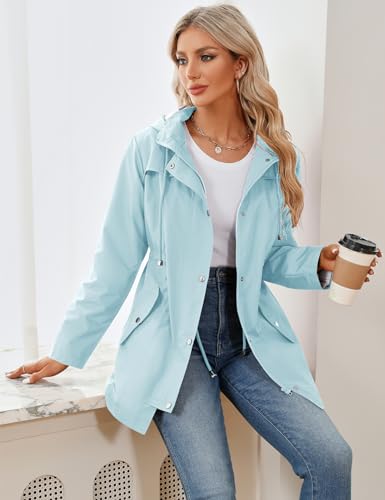 LOMON Women Waterproof Outdoor Hiking Raincoat Women Lined Rain Jacket Lightweight Hooded Jackets Trench Coats Light Blue XXL(Big Plaid Lining)