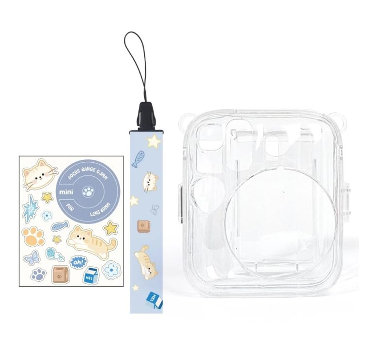 Transparent Camera case Compatible with ONLY Fuji-Film Instant Mini 13 - mini 13 Camera case, Cute Pattern Shoulder Strap and Pattern Stickers- Frost Blue-image-3