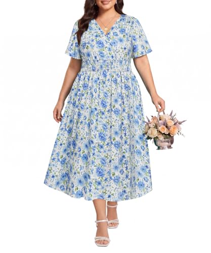 Image of CARCOS Plus Size Dresses for Curvy Women V Neck Summer Maxi Dress Short Sleeve Floral Boho Dress Smocked Waist Beach Dress