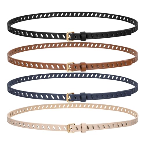 SUOSDEY 4 Pack Women Skinny Thin Belts Fashion Leather Waist Belt Plus Size Ladies Belts for Dresses Pants Jeans