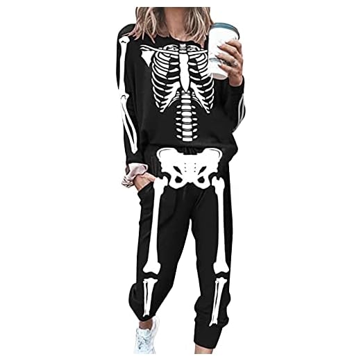 EpicLife Dam sexig halloween kläder set långärmad skelett tryck topp och byxa set träningsoveraller höstkläder, Svart, S