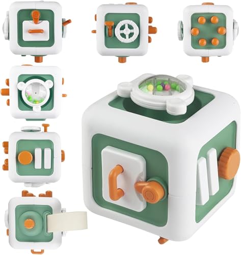 Image of 6 in 1 Sensory Busy Activity Cube for Toddlers - Montessori Toys with with Simulated Switches, Steering Wheel, Drawer, and Fun Rotating Features - 1-3 Year Old Baby Boys and Girls