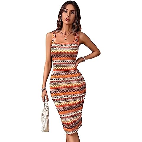 COZYEASE Women's Chevron Print Square Neck Bodycon Dress Sleeveless Knee Length Casual Summer Dress Multicolor S Cover
