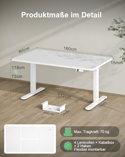 Miniatura 2 de Devoko 160 X 80 Cm Escritorio Elevable Eléctrico De Carga Usb A, Escritorio Ajustable En Altura Con Tablero, 3 Función De Memoria Y Anticolisión, Regulable En Altura 72-118cm,Blanco