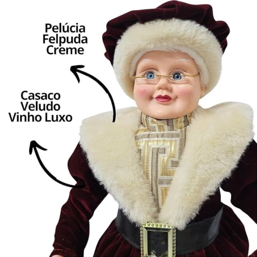 Mamãe Noel Decorativa Vestido Luxo Vinho e Creme Gold 45cm - Noel Decor