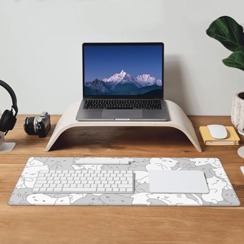 Image of White Kawaii Cats E-Sport Mouse Pad Large Desk Mat Non-Slip Rubber Base Stitched Edge Keyboard Mouse Pad for Office Home E-Sport Computer Laptop, 31.5x11.8 Inches