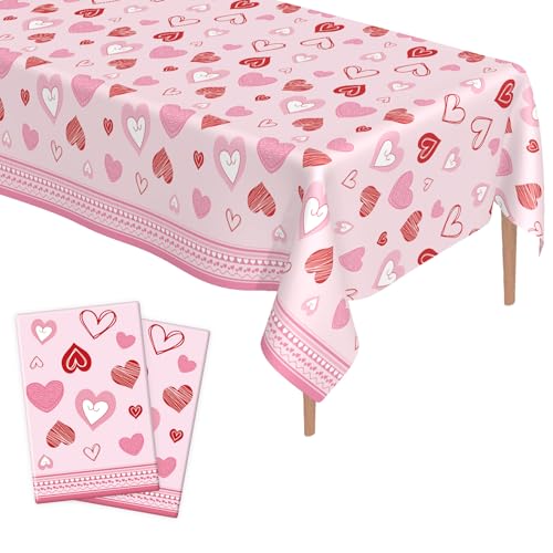 Valentines Tablecloth, 2 Pcs Valentines Day Tablecloth Plastic 54x108 Inch Red Pink Love Heart Table Cloth Valentines Table Cloth Disposable Rectangle Table Cover for Wedding Anniversary Decorations