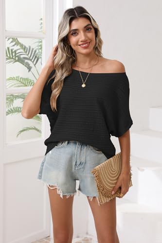 Image of Cakulo Summer Off The Shoulder Tops for Women Crochet Short Sleeve Batwing Knit Spring Oversized Sweater Top