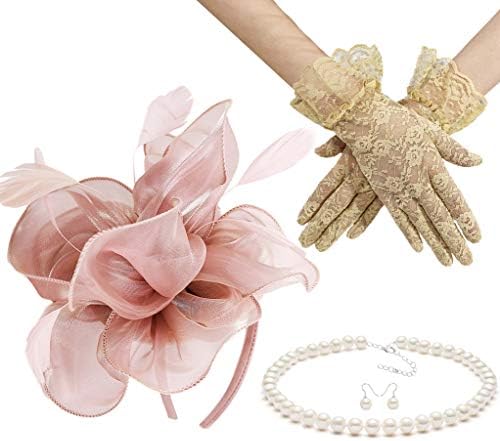 Gionforsy Kentucky Derby Hat Fascinator Veil Fascinator Headband Lace Gloves Imitation Pearl Necklace Earrings Feather Pillbox Fascinator for Wedding Tea Party (Style 6-Pink)