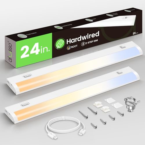 Image of ALUSSO 24 Inch LED Under Cabinet Lighting Hardwired 120V, 5CCT Color Selectable 2700K-5000K Dimmable 15W 1200LM High Brightness, CRI 90+ Strip Linkable Under Counter Lights for Kitchen Sink, 2 Pack