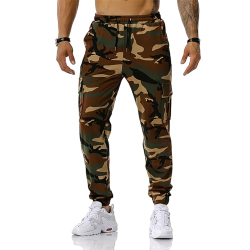 maxToonrain Men's Camo Cargo Joggers Loose Fit Tracksuit Bottoms with Four Pockets Elastic Waistband for Casual Outdoor Hiking Combat Gym Workout (Army Green, Medium)