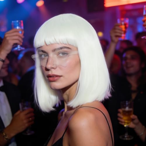 Image of ANOGOL White Bob Wig Women Glow In Dark Fluorescent Green Wigs