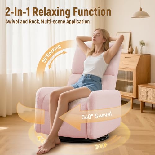 Image of Korser 360 Rocking Chair, Nursery Rocker Chair with Side Pockets, Glider Nursing Chair with Steel Structure Base, Small Chair for Small Spaces, Sherpa Swivel Accent Chairs for Living Room, Nursing