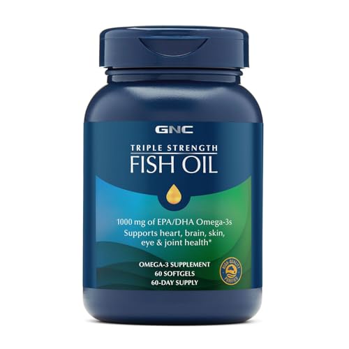 GNC Triple Strength Fish Oil Omega 3 Supplement, 1000mg EPA and DHA, Supports Heart, Brain, Skin, Eye and Joint Health, 60 Softgels