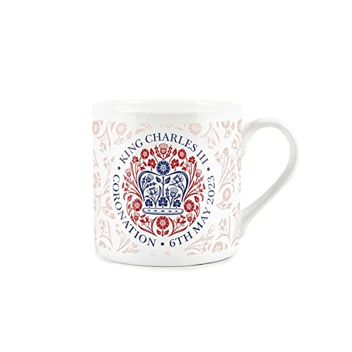 Purely Home King Charles III Coronation Design Mug - Fine Bone China White and Pink Commemorative Mug Official Emblem Coffee/Tea Gift