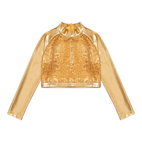 renvena Camiseta de manga larga para niña, con cuello alto, brillante, para danza, dorado, 146-152