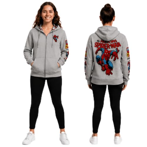 Marvel Spider-Man Womens Hoodie Full Zip Up Graphic Hooded Sweatshirt Size Large Spiderman Light Heather Grey