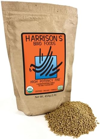Harrison’s Bird Foods High Potency Fine – Certified Organic, Non GMO Formula for Small to Medium Birds – Human Grade Pellets for Molting, Recovering & Weaning Chicks with Balanced Nutrition (1lb)