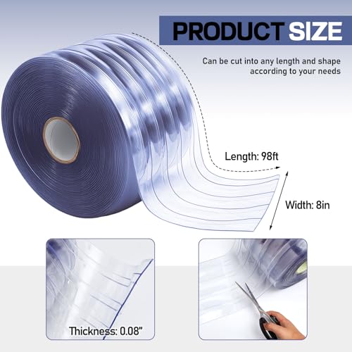 Image of Moukeren Plastic Curtain Strips, 100 ft x 8 in Clear PVC Strip Curtain Roll, Heavy Duty Plastic Insulated Freezer Door Strips for Commercial, Walk-in Cooler, Garage, Warehouse, 0.08 inch Thickness
